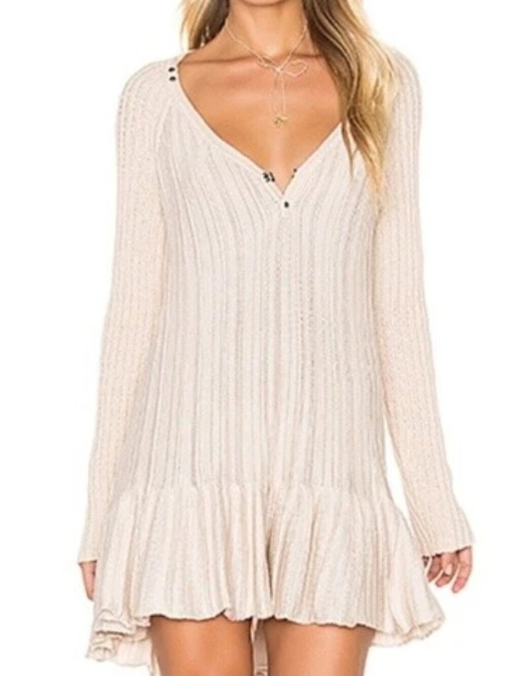 Free People Ribs and Ruffle Henley Knit Tunic Mini Dress Womens Boho Plunge M
